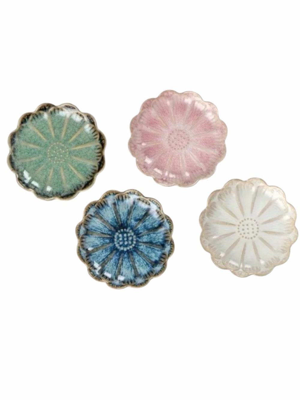 Ceramic Flower Accent Plates 4-Piece Set - Green, Pink, Blue, White New